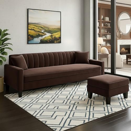 Image of Furny Aveira 4 Seater Fabric Sofa Set with Ottoman (Brown) | Soft Velvet Fabric | Modern Design | Comfortable Seating | Living Room Furniture