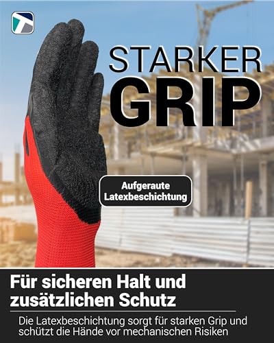 Foto von Trevendo Arbeitshandschuhe - WS-Pro Grip RSL - EN 388 - Montagehandschuhe mit Latexbeschichtung, atmungsaktiv & griffig - ideal für Bau, Garten, Logistik - Mehrfachpack - Größe 8, 12 Paar