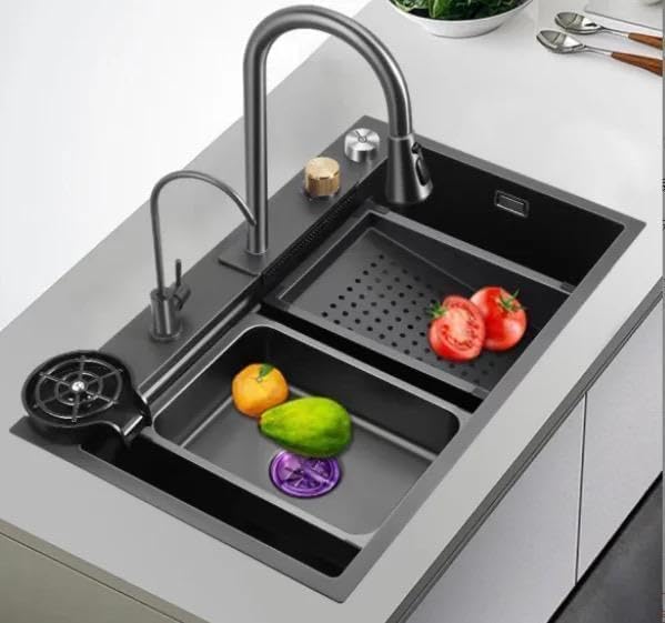 UMAVANSHI Kitchen Sink 304 Grade, Anti Scratch HoneyComb Design Integrated Stainless Steel Single Bowl Handmade Black Color Kitchen Sink With Waterfall Faucet 30x18x9 Inches, Black (B0CCMNM6G3) Amazon Price History, Amazon Price Tracker