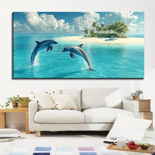 Dauphins et paysages marins sur toile pour grand salon lumineux