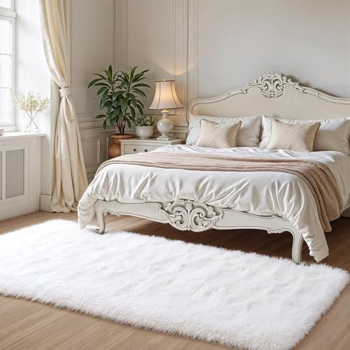 Zentavio Runner Rugs for Hallway 2x6 Shag Soft Bedroom Bedside Rugs Non Slip Fluffy Carpet for Kids Girls Boys Home Decor Aesthetic Dorm Nursery White