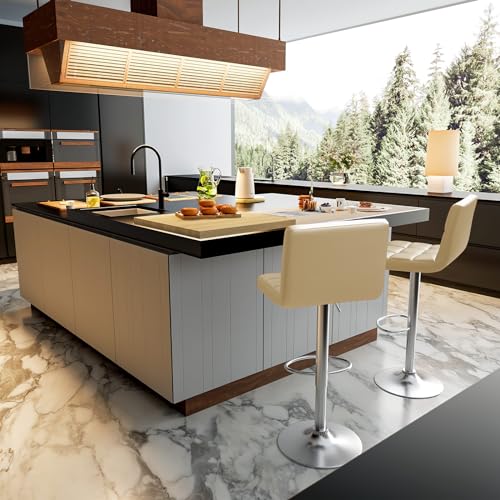Image of Homall Bar Stools Modern PU Leather Adjustable Swivel Barstools, Armless Hydraulic Kitchen Counter Bar Stool Extra Height Square Island Barstool with Back Set of 2 (Leather, Beige)