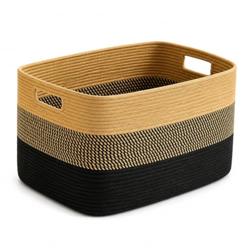 Image of 19.2GAL Sturdy Large Laundry Basket with Handles for Dirty Clothes, Portable Aesthetic Boho Cute Woven Storage Blanket Baskets for Living Room Decor and throws pillows Kids Toys Bath Towle Khaki Black