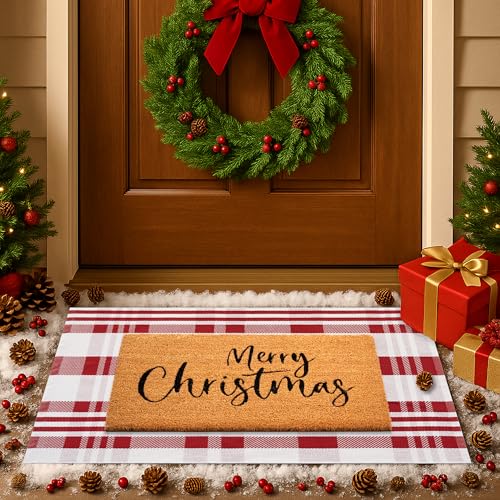 Christmas Door Mat Set, 2-Piece Layered Front Porch Welcome Mat
