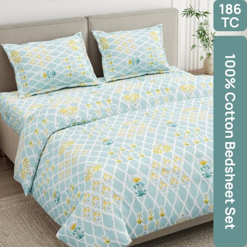 Image of Haus & Kinder Double Bed Bedsheet for Queen Size Bed, Queen Size Bed Sheet with 2 Pillow Covers 90 Inch x 100 Inch | Premium Soft & Silky Pure Cotton 186 TC Double Bedsheet | Heritage Blue