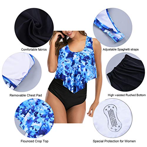 Image of Women High Waisted Bikini Swimsuit Flounce Vintage 2 Piece Bathing Suits | Vintage,tummy control,two piece bathing suits,plus size,swimwear,ruffled,tankini top,bikini bottom