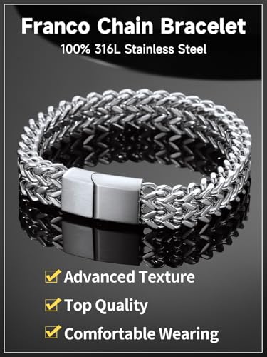 ChainsHouse Bracelet for Men Franco Curb Chain Link with Sturdy Clasp, 7.5/8.3/9 Inches Length 6/10/12MM Width Bracelet Chain Gift for Dad, Husband, Father's Day, Birthday3