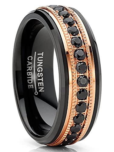 Metal Masters Co. Men Tungsten Black & Rose Goldtone Wedding Band Hammered Eternity Ring CZ Comfort-Fit 8MM