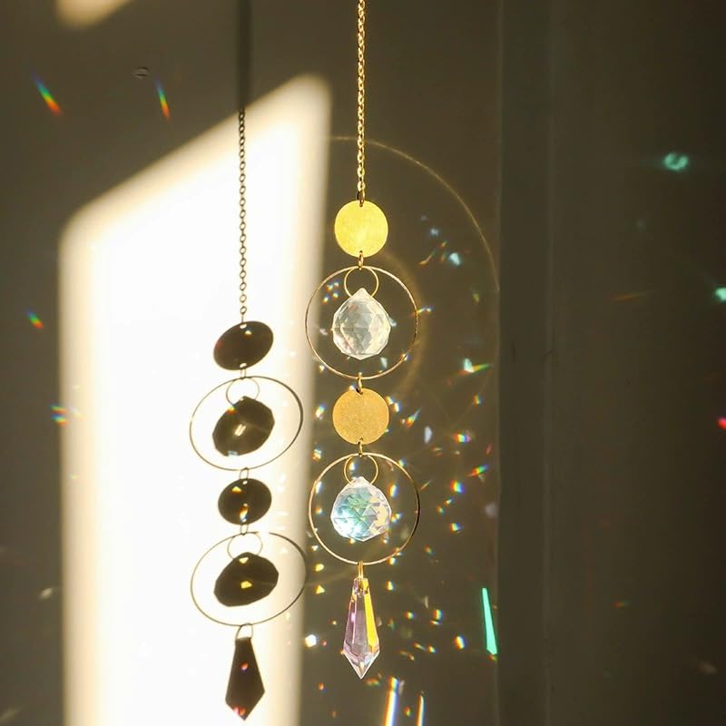 Sonnenfänger Kristall Hängend Gold Geometrischer Suncatcher aus Glas mit Regenbogeneffekt Boho Lichtfänger für Fenster & Balkon Modernes Deko Geschenk für Frauen