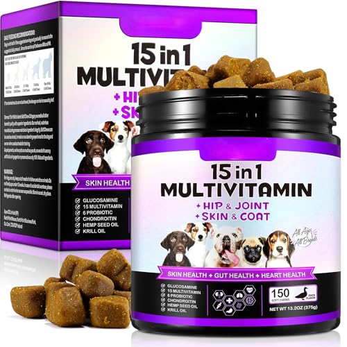 Dog Multivitamin Chewable, 15-in-1 Dog Vitamins Supplements, Support Health- Skin, Immune System, Skin & Coat, Hip & Joint Supplements for All Ages All Breeds(150 Chews Duck Flavor)