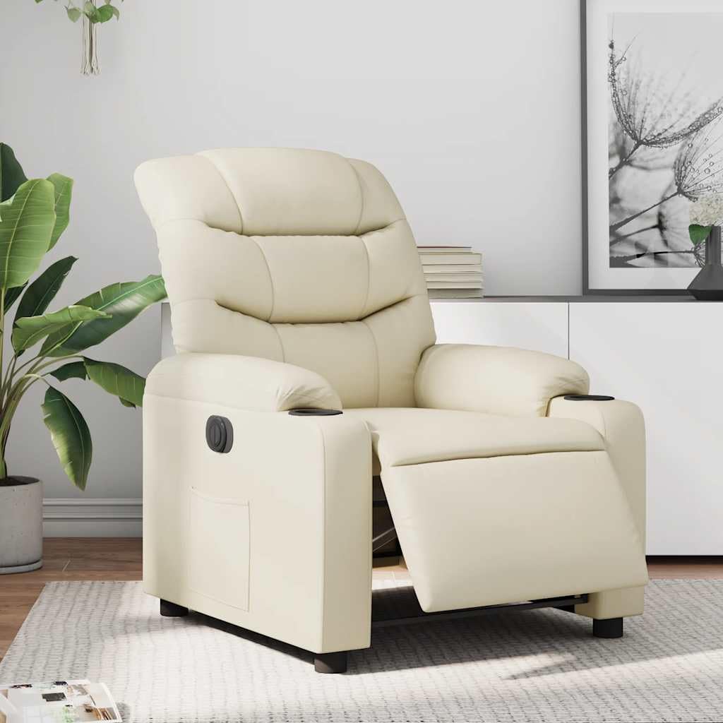 Fauteuil relax électrique en cuir synthétique crème avec fonction allongée, dossier réglable et pieds en bois pour salon, chambre à coucher, bureau, salon, design moderne, durable et