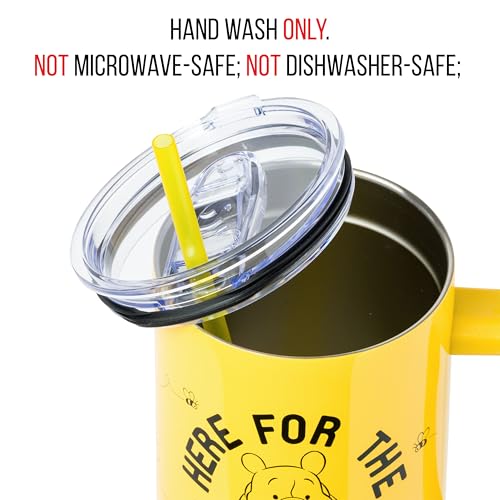 Image of Silver Buffalo Disney Winnie the Pooh inchHere for the Hunny inch Double Walled Stainless Steel Tumbler with Handle and Straw, Fits in Standard Cup Holder, 40 Ounces