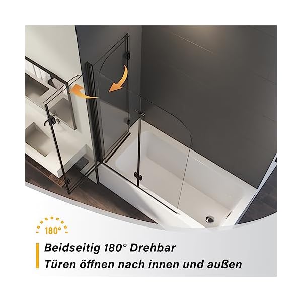 Duschwand für Badewanne 110x140cm 2-teilig Faltbar badewannenaufsatz Duschabtrennung, Duschtrennwand mit 6mm Nano EGS Sicherheitsglas, Schwarz Zweiteilige Badewannenfaltwand Faltwand Duschtrennwand – Bild 4