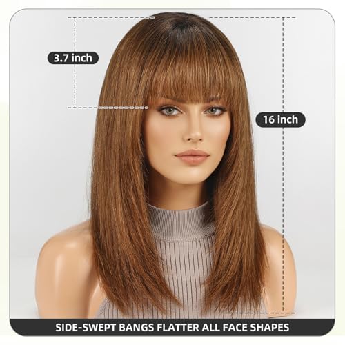 Image of 16 Inch Ombre Brown Human Hair Wig, Human Hair Wig With Bangs, Real Hair Wigs For Women, real human hair wigs