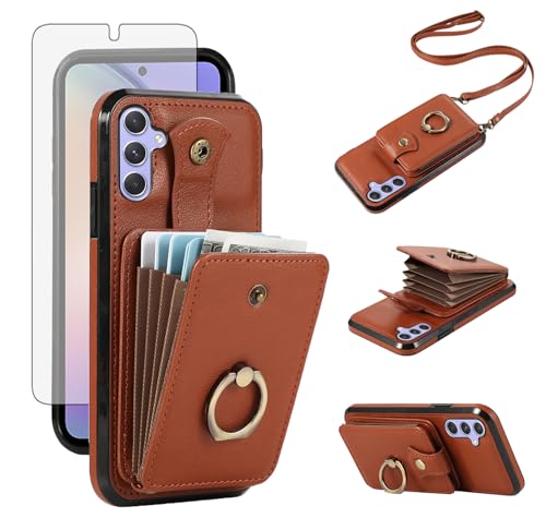 Asuwish Phone Case for Samsung Galaxy A25 5G Wallet Cell Cover with Screen Protector and Crossbody Strap Ring Stand RFID Credit Slot Card Holder Leather A 25 25A Women Men Girls Brown