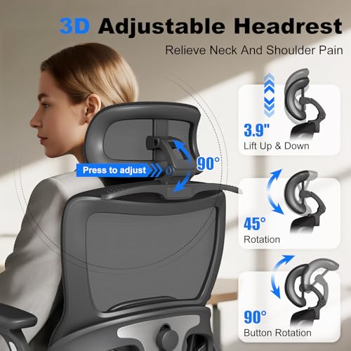 Image of Ergonomic Office Chair, High Back Home Desk Chair with Adjustable Lumbar Support, Flip-Up Arms, Headrest, 90-135 Tilt Lock, Wide Big and Tall Mesh Computer Seating with Wheels