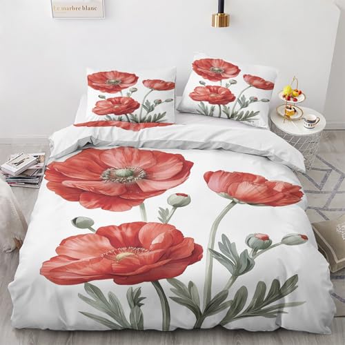 Housse de Couette Coquelicot Rouge 200x200 pour 2 Personnes - Parure de Lit Imprimée Fleur De Coquelicot, 2 Taies d'oreiller 65x65, Linge de Lit Microfibre...