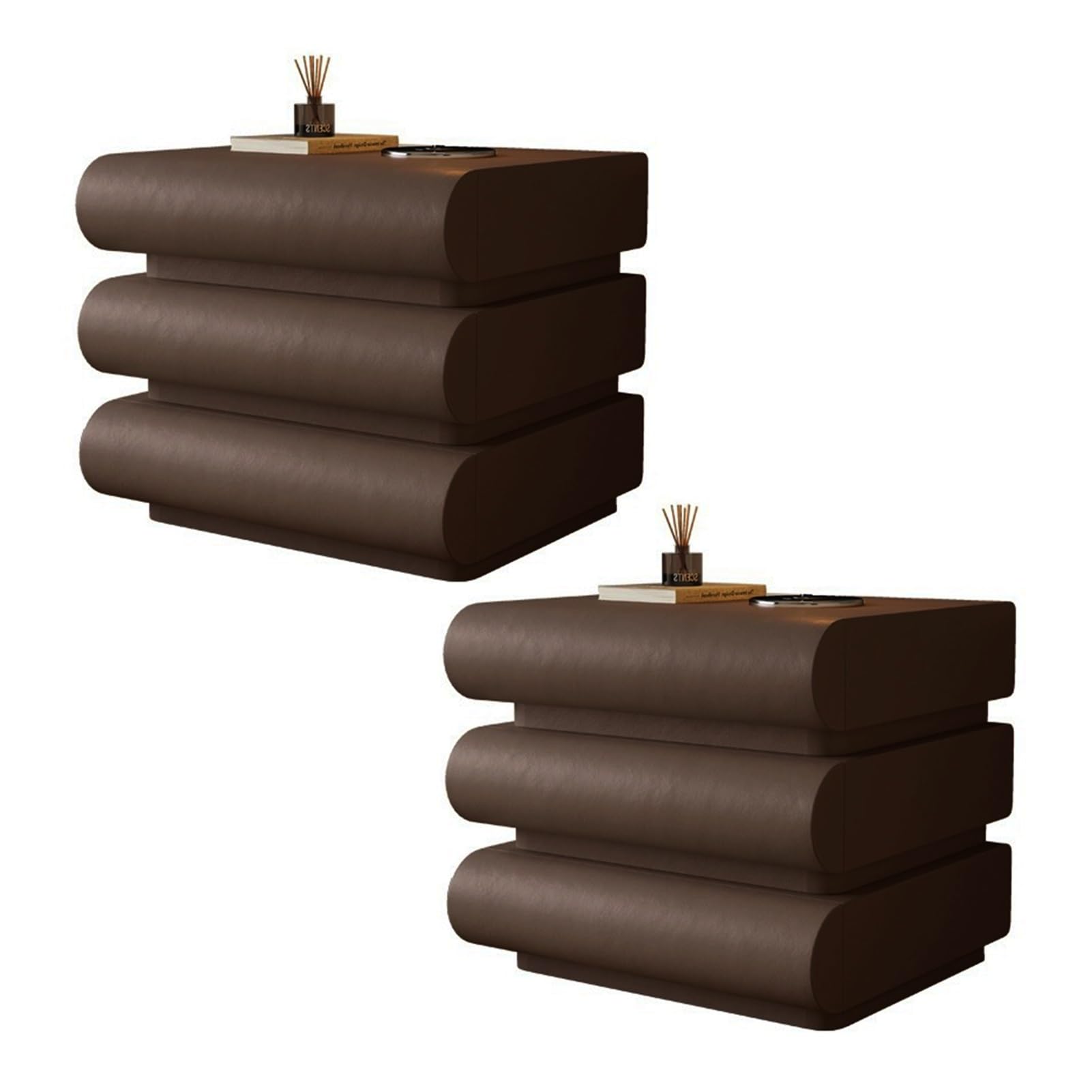 Table de Chevet en Bois avec 3 tiroirs de Rangement, Table de Nuit en Cuir pour Chambre à Coucher, Table de Chevet sur Pied Peu encombrante, Couleur café, Lot de 2, 50 cm