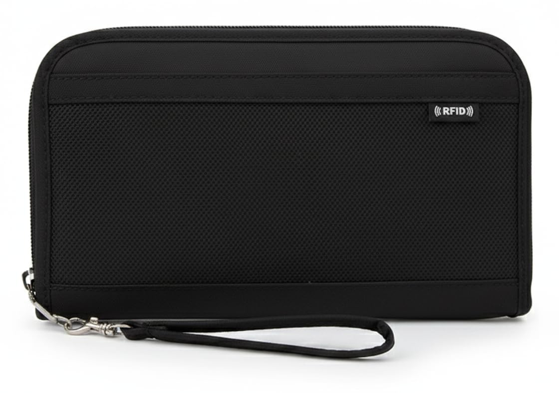 Women’s Polyester Travel Wallet Organizer | Passport Holder with 10 Card Slots, Cash & Document Sections | Zip-Around Wristlet Wallet for Travel & Daily Use (Black)-image-24