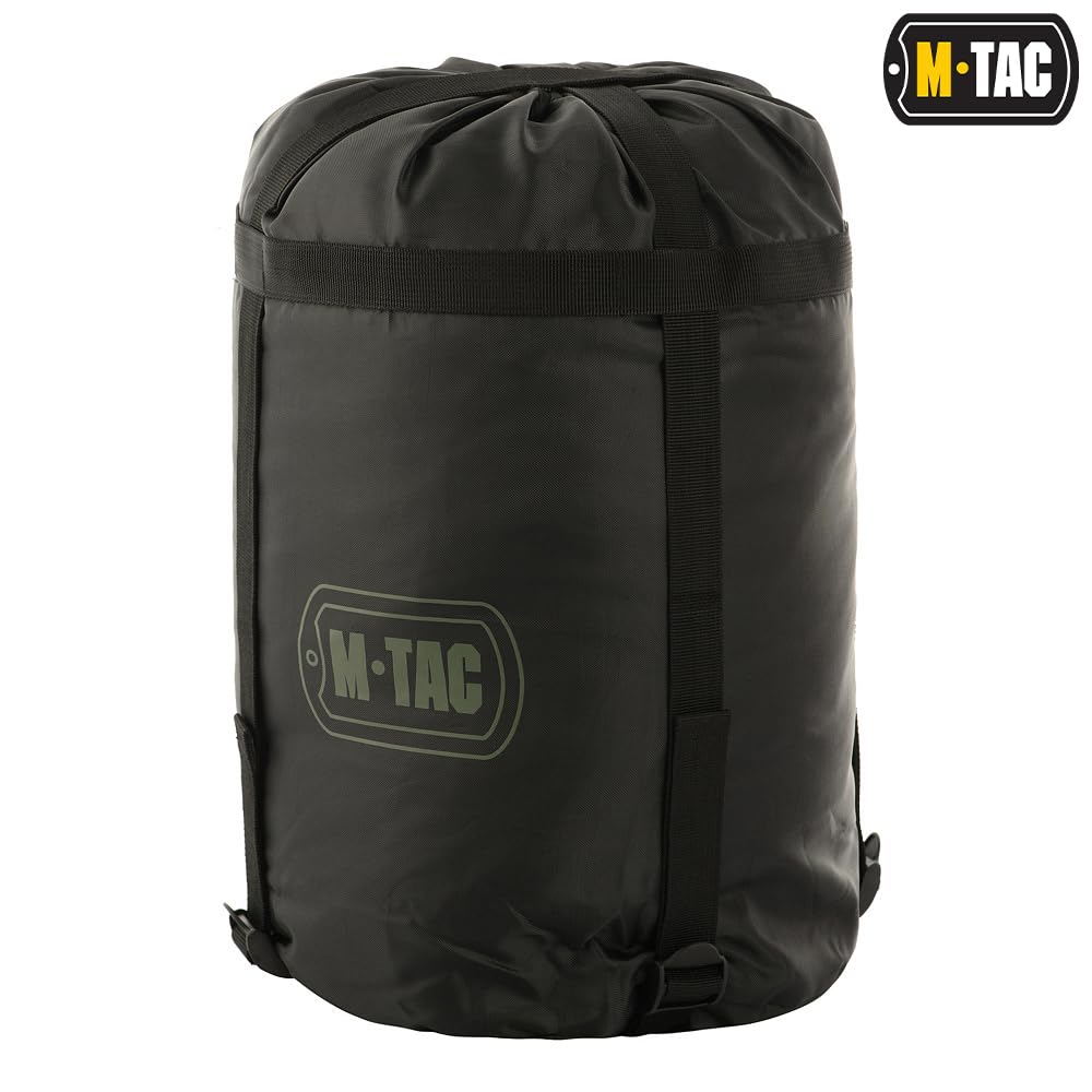 M-Tac Schlafsack Camping Tasche Olive Wasserdicht Kompressionsschlafsack mit Kapuze, Doppelreißverschluss, Komforttemperatur -5 / +5°C, Olive