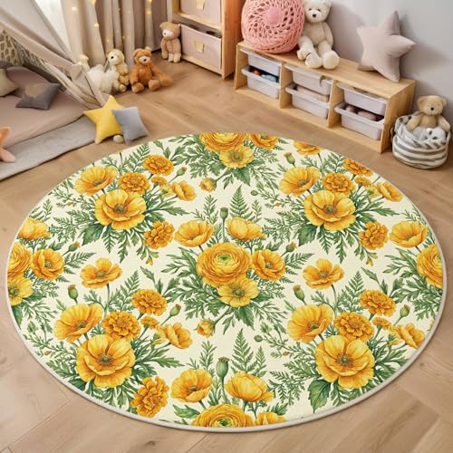 Tapis circulaire coquelicot jaune-orange avec illustrations plantes 200cm - 5