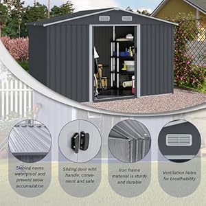 Ball cast 8×10 ft outdoor storage shed heavy duty metal sheds with sloping roof and sliding doorswaterproof tool sheds with punched vents for gardenbackyardlawneasy to assemblegrey  urban country home decor