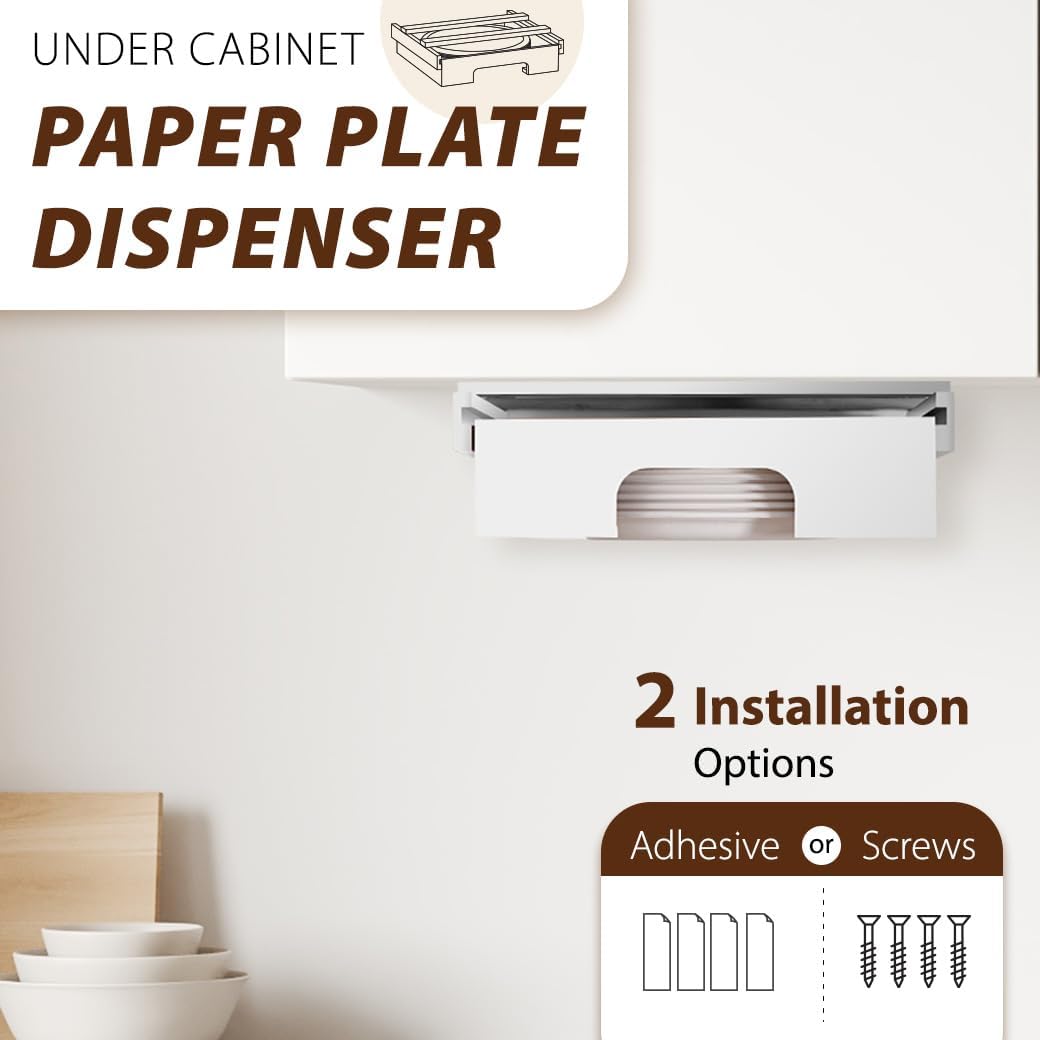 Adjustable Paper Plate Dispenser Under Cabinet, Holder Under Cabinet, Kitchen Counter Paper Plate Organizer for 8/8.5/9/10-Inch Plates - White