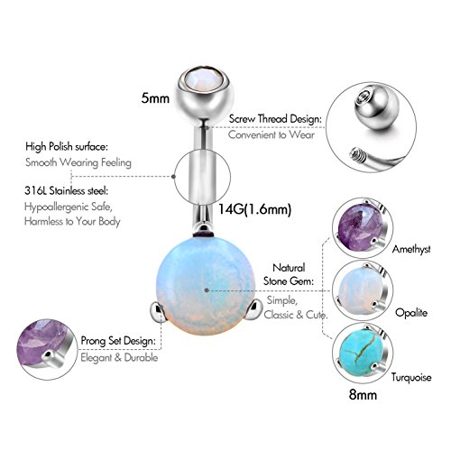 Oufer 3Pcs Stone Belly Button Ring 316L Surgical Steel Curved Navel Barbell Body Piercing 14G (1.6Mm) #TOP3