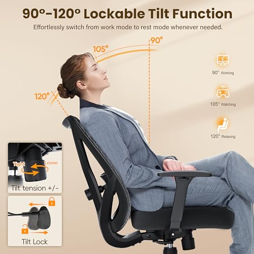 Image of Ergonomic Office Chair, Mesh Computer Desk Chairs with Adjustable Lumbar Support, 3D Armrests, Tilt Function, Comfy Wide Seat, Executive Work Task Chair for Company and Home (Sponge Cushion)