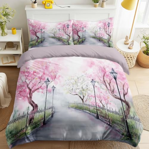 Lavande Parure Housse Couette pour Espace privé, Anti-Froissement Fermeture Éclair Attaches Intérieures, Parure de Lit Oriental Japonais Floral Botanique...