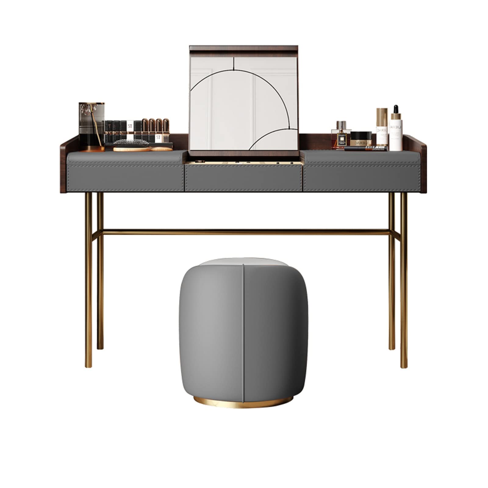 CGCSYZ Vanity Desk Dresser Flip Top Leather High-grade Wood Bedroom Makeup Table Makeup Stool Orange Gray Hidden Makeup Mirror Dresser Makeup Dressing Table (Gris 100cm)