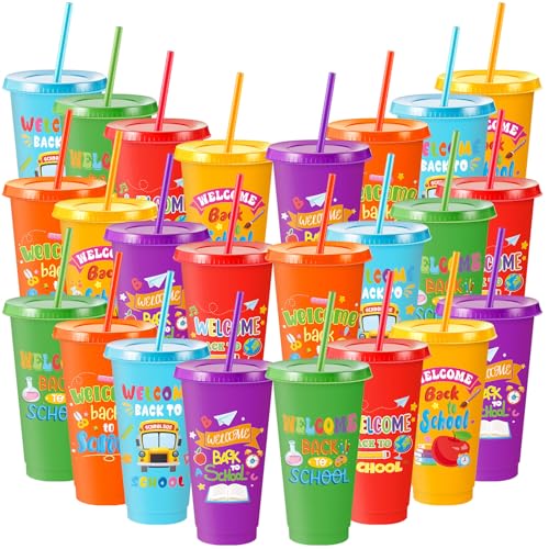 Chuangdi 24 Pcs Welcome Back to School Plastic Cups Bulk Gift 24 oz First Day of School Kids 24 oz Drinking Tumbler with Lids and Straws Water Bottle for Student Supply First Day Party Favors