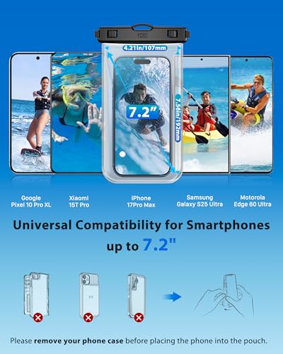 YOSH IPX8 Funda Impermeable Móvil [Diseño sin Bordes], 2 Unidades Funda Acuatica Movil, 7,2" Waterproof Phone Case Universal para iPhone 17 Air 16 15 14 Pro MAX Xiaomi 17 15 Ultra Redmi Note Samsung - imagen 4