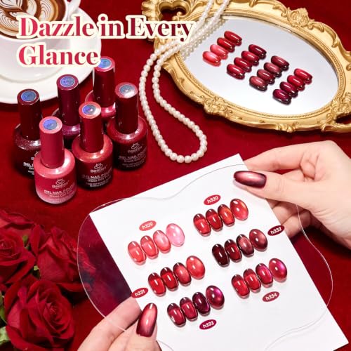 Image of Beetles Red Cat Eye Gel Nail Polish Set - Fatal Rose 6 Colors 15ML Full Size Glitter Red Gel Polish Kit Glass Cat Eye Magnetic Effect Soak Off UV Nail Art DIY Salon at Home Gift for Women