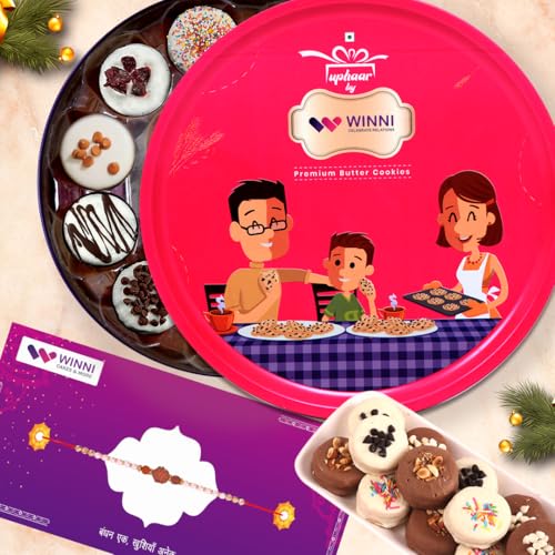 Image of WINNI - Decadent 30 Pcs Rich Chocolate Cookies With Tin Box + Rakhi Gift Combo | Rakhi Gift For Brother & Sister | Choco Cookies Hamper & Bouquet | Rakhi Gift Set | Handmade Celebration Chocolates Box For Girls, Boys, Brother, Sister, Kids, Bhaiya, Bhabhi | Dark Chocolates | Raksha Bandhan Gift Hamper | Return Gift