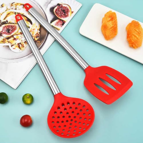 Kit Utensílios de Cozinha Silicone C/Cabo de Inox Jogo Completo 7 Peças Colher Concha Escumadeira Pe