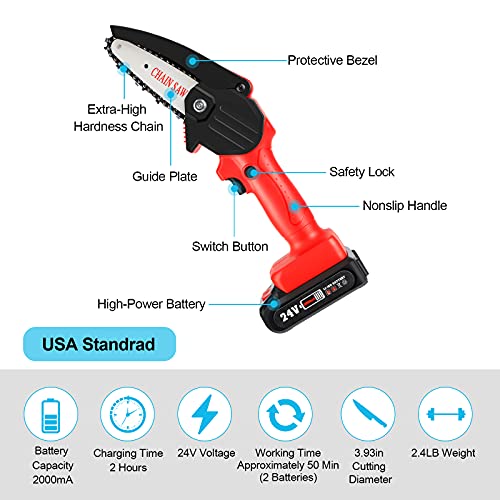 Motosserra com baterias Portátil,Mini,24V 2pcs 3 correntes,Mini motosserra sem fio de 4 polegadas al