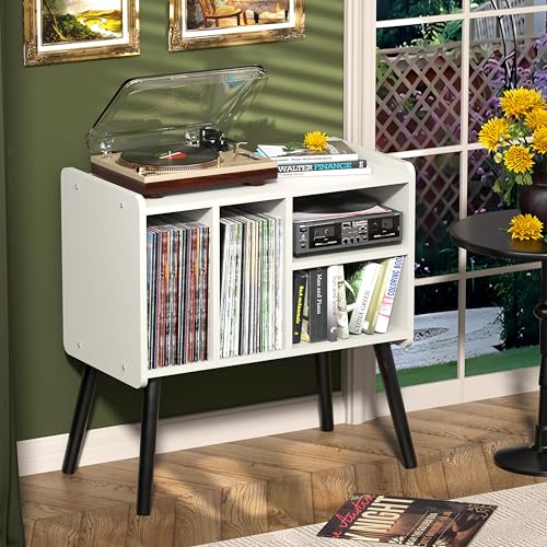 UODERS Record Player Table, Mid-Century Record Player Stand with Vinyl Storage Hold Up to 150+ Albums, Vinyl Record Cabinet with Adjustable Shelves, Wood Turntable Stand for Music Living Room (White) by UODERS - Image 2