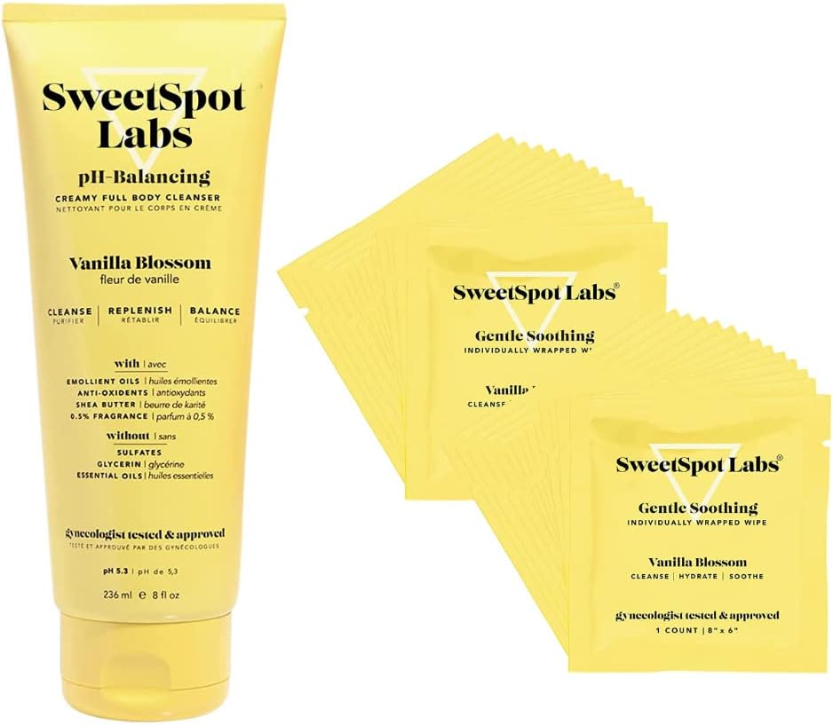 SweetSpot Labs Vanilla Blossom Bundle: Feminine Wash 8 oz + Individually Wrapped Feminine Wipes 30 Count