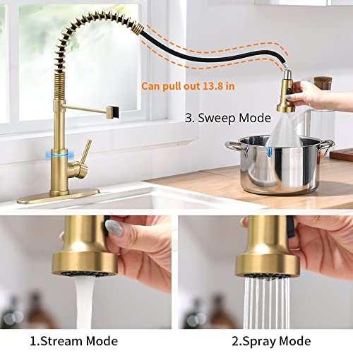 Videc Smart Kitchen Faucet, 3 Modes Pull Down Sprayer, Led Temperature Control, Ceramic Valve, 360-Degree Rotation, 1 Or 3 Hole Deck Plate. (Kw-56J, Brushed Gold, 18.89 Inches) #TOP1