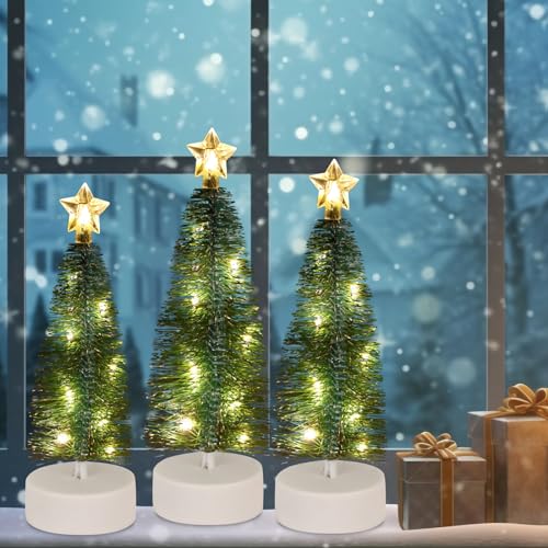 Mini Cedar Christmas Tree Snow Frost Sisal Trees 3pcs, Miniature Pine Tree Xmas Tree with Lights Frost Trees Bottle Brush Trees for Home Office Desk Christmas Decor