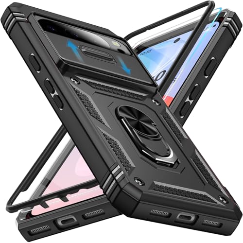Giyer Handyhülle für Google Pixel 10 Pro XL Hülle mit Schutzfolie, Schutzhülle mit Kameraschutz 360° Metall Ring Ständer Stoßfest Bumper Tasche für Google Pixel 10 Pro XL Hülle Cover (Schwarz)