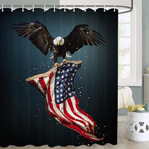 Viajar American Flag Shower Curtain 4th of July USA Eagle Independence Day Shower Curtain Patriotic USA Flag Waterproof Fabric Bath Curtains Set with 12 Hooks 72 X 72 Inch
