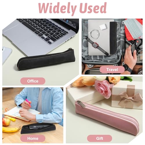 Image of simarro Leather Pencil Case, 2pcs Small Pencil Pouch Portable Zipper Bag Cute Slim Makeup Bag Soft Simple Office Stationery Pouches for Women Men Markers Change Coins(Black+Pinke)