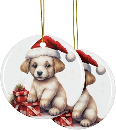 Miniatura 2 de Hanging Ceramic Christmas Tree Ornament with Gold String - Great GiftPresent - 2 34 inch Diameter - Russian Toy Puppy Drawing Design