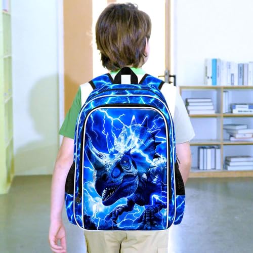 Image of 3Pcs Dinosaur Backpack for Boys, 17 inch Kids Lightning Bookbag for Elementary Preschool Kindergarten, Triceratops School Backpacks with Lunch Box (Blue)