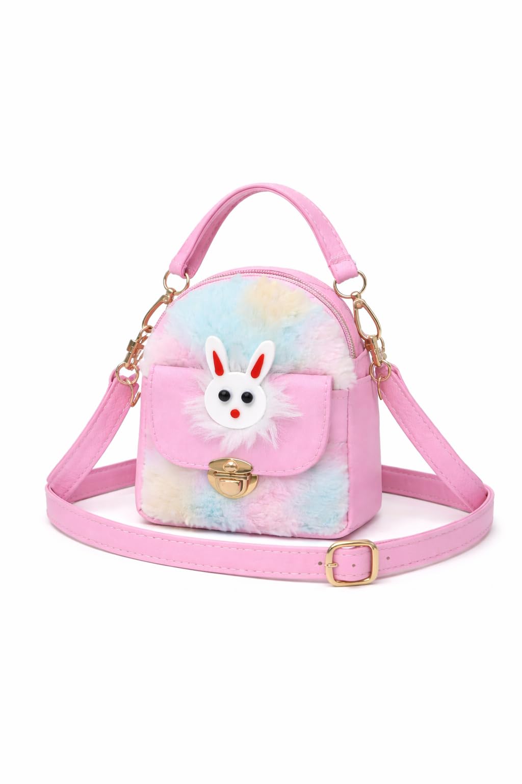 Pink Kids Crossbody Bag with Bunny Design, Faux Leather Adjustable Strap Backpack, 18x13x6 cm, Lightweight Zipper Bag for Girls 3-12 Years-image-2