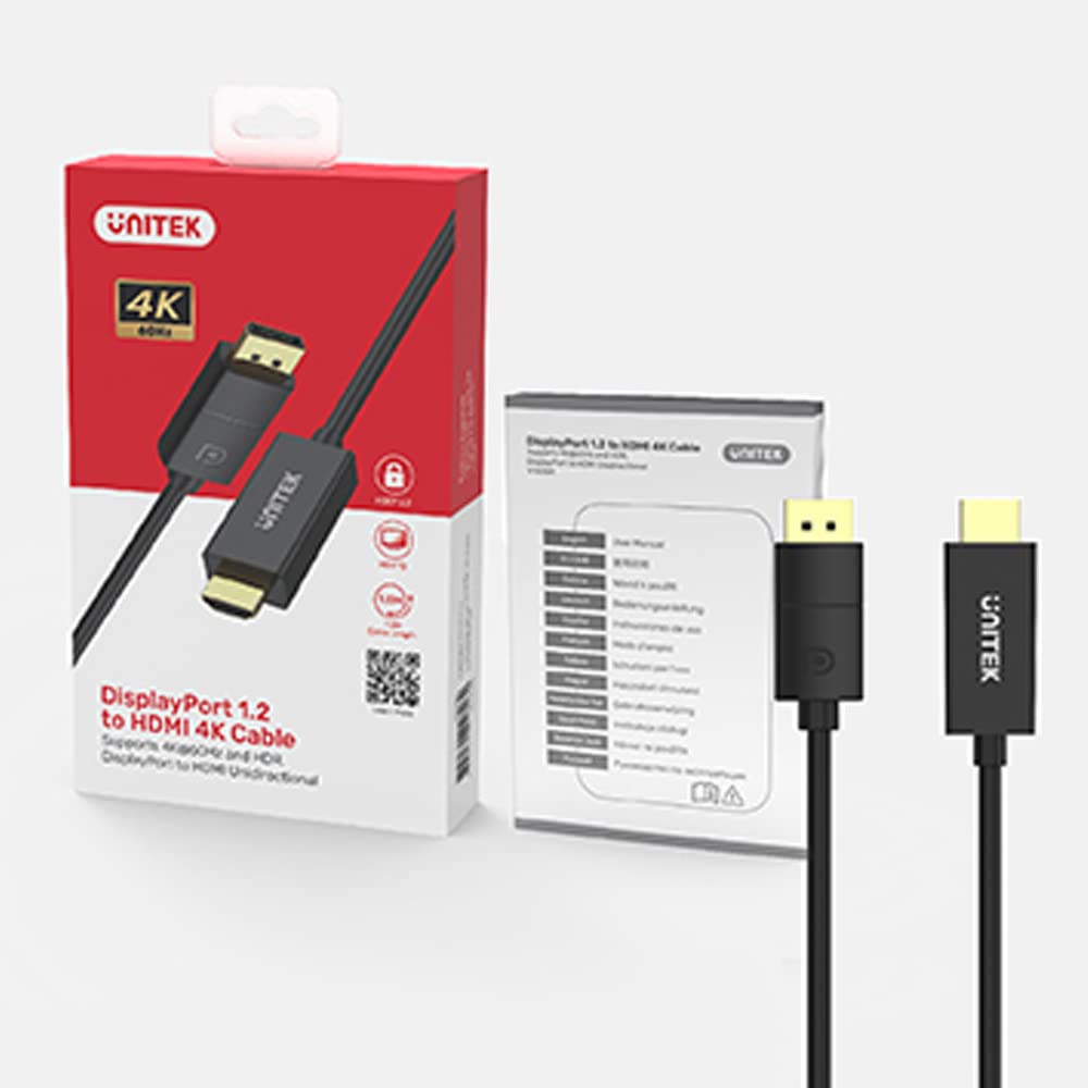 Unitek Cavo da DisplayPort 1.2 a HDMI 1,8 m - Unidirezionale - Supporta l'Uscita Video Fino a UHD 4K@60Hz Audio ad Alta Definizione e HDCP2.2 - Consente l'Espansione e la Clonazione Dello Schermo