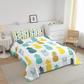 Pineapple Bedding Sets Tropical Fruit Print Comforter Teal Yellow Fresh Pineapple Quilt Set Full Size,for Children Boy Girl Teen Kids - Includes 1 Comforter, 2 Pillow Cases 51 EeNioJTL. SS280
