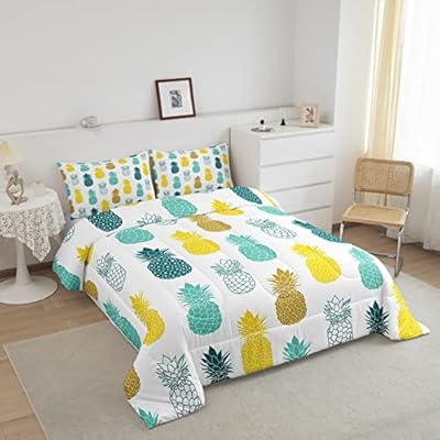 Pineapple Bedding Sets Tropical Fruit Print Comforter Teal Yellow Fresh Pineapple Quilt Set Full Size,for Children Boy Girl Teen Kids - Includes 1 Comforter, 2 Pillow Cases 51 EeNioJTL. SS400